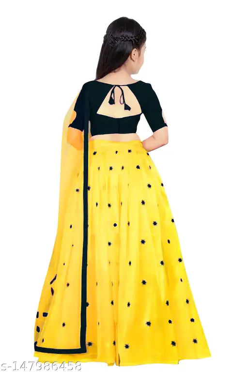 Pink semi-stitched net and satin lehenga choli for girls, 8-13 years, embellished with embroidery, machine washable