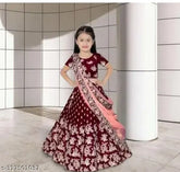 Matani Maroon satin lehenga choli with net dupatta, embellished for children's traditional Indian wear