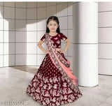Matani Maroon satin lehenga choli with net dupatta, embellished for children's traditional Indian wear