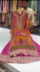 New Designer Georgette Pakistani Party Wear Suit: Printed kurta with dupatta and silk bottomwear on mannequin