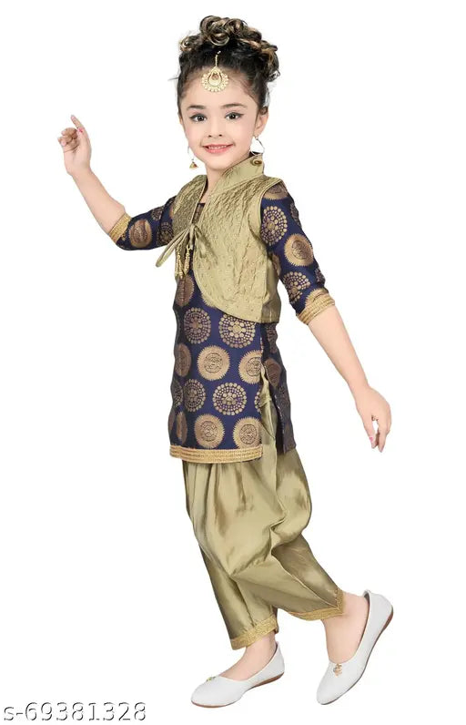 Festive blue designer embroidery Patiala suit for girls, cotton blend anarkali style - Indian ethnic kids wear, size 4-5 years
