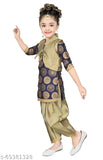 Festive blue designer embroidery Patiala suit for girls, cotton blend anarkali style - Indian ethnic kids wear, size 4-5 years