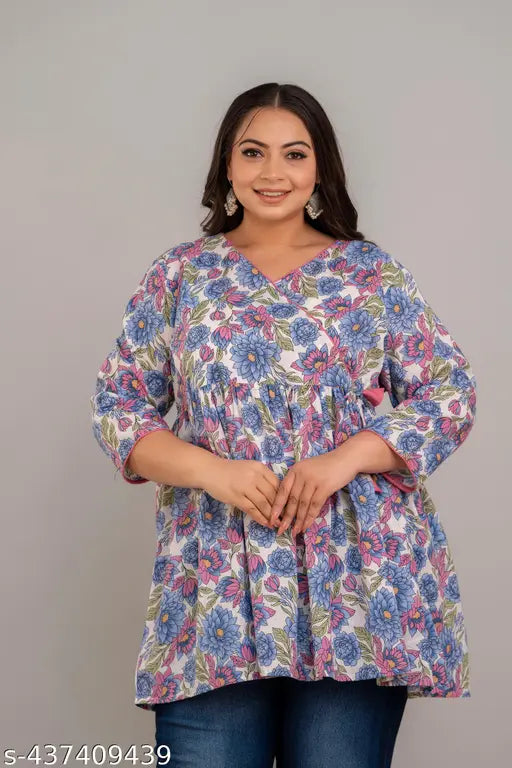 Multicolor viscose rayon Angrakha Style short kurti, plus size with three-quarter sleeves. Indian fashion for trendy, comfortable wear