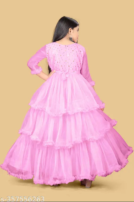Unique net partywear gown for girls, solid color and three-quarter sleeves, Indian festive dress for women ages 16 years