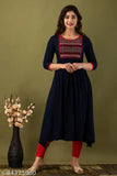 Stylish retro rayon cotton women's embroidered kurta, three-quarter sleeves with intricate patterns, size S (36in bust, 46in length)