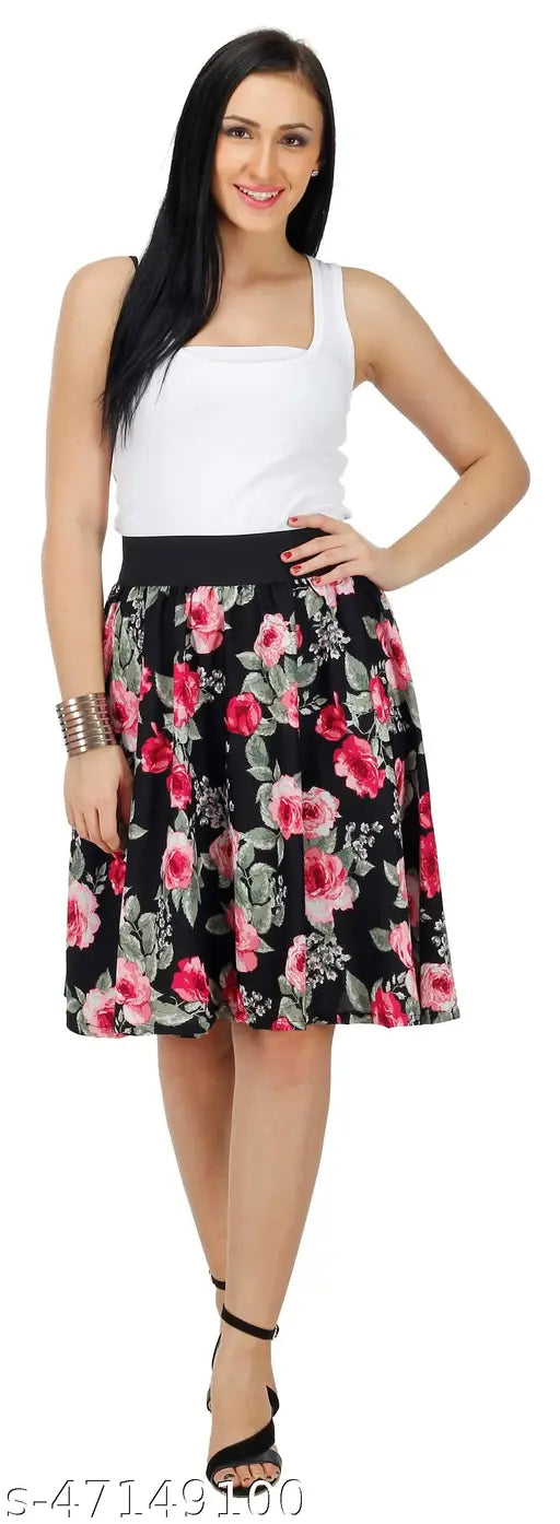Multicolor printed net crepe Western skirt for women, knee-length, size 26-36, India origin