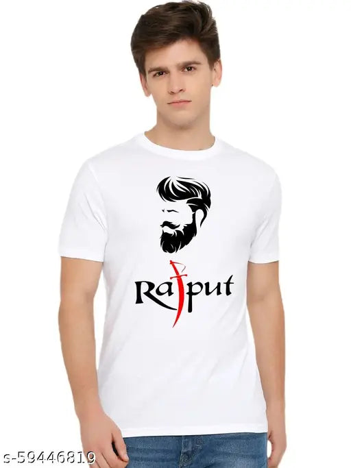 White printed round neck half-sleeve t-shirt (polyester), men's fashionable and comfortable, versatile design, India origin