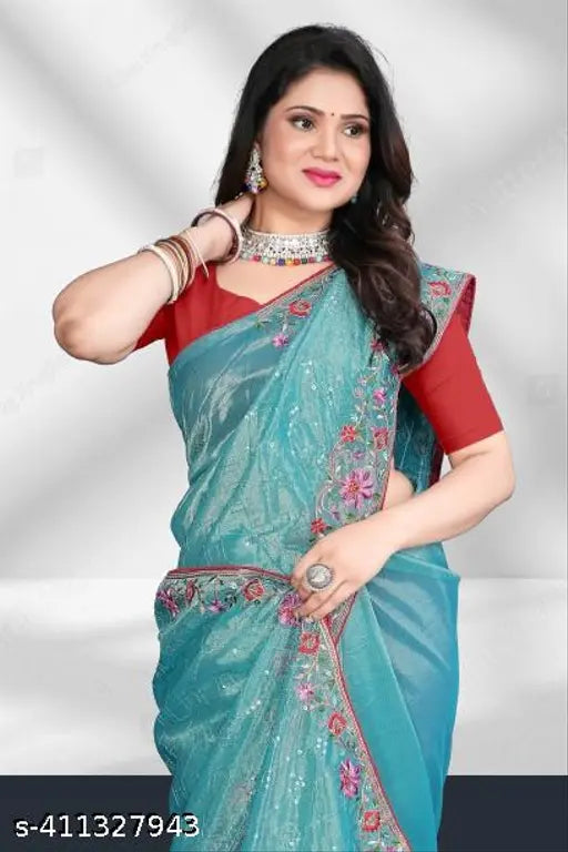 Unique Attractive Super Net Saree, embellished with sequin work, free size, origin India