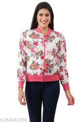 NUEVOSDAMAS women's long-sleeve floral print crepe jacket, ribbed highneck, two inseam pockets, poly knit lining