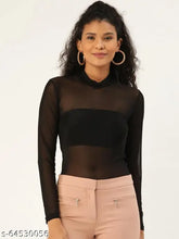 Black net full sleeve top for women, casual style, solid pattern, size M from Anvi Made in India