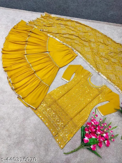 Georgette designer Plazzo with dupatta, embroidered three-quarter sleeve top and bottomwear from India