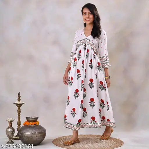 Polka dot rose printed rayon Anarkali kurti, trendy and stylish for women's festive fancy wear