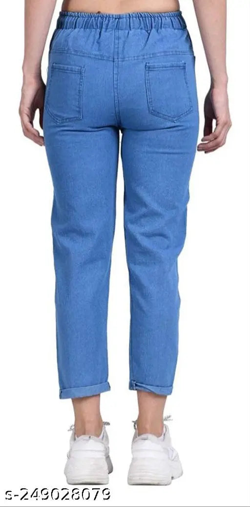 Stylish printed bang bang jogger for women - light, denim with 'Bang Bang' pattern. 26" waist, 34" length