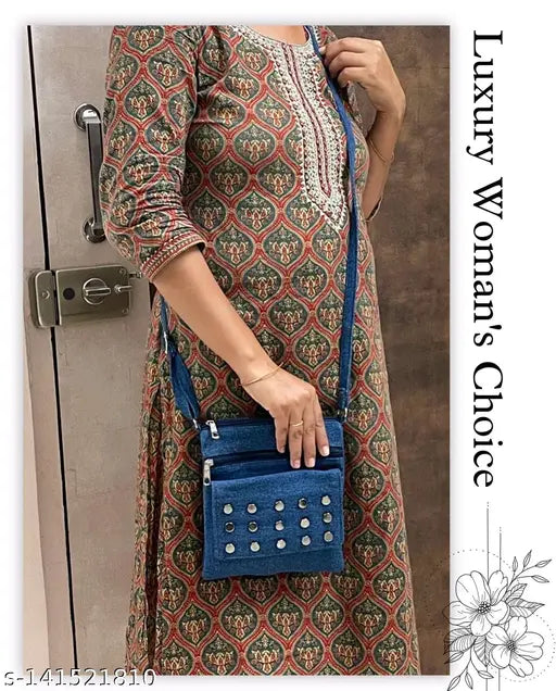 Embellished denim sling bag, studded fabric with 4 compartments. Free size, made in India