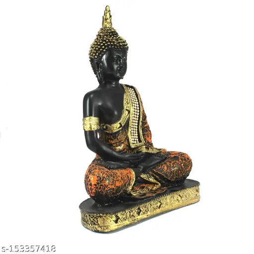 Orange and black resin figurine of meditating sitting Lord Buddha, standard size for home decor in living room/bedroom by smrk