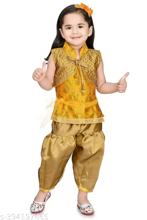 Chanderi Silk Patiala Kurta Set for Baby Girls - A-line Dhoti Pants with Zari Woven Sleeve, Indian traditional wear for 3-24 months