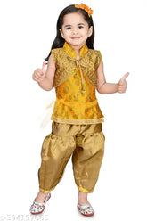Patiala Kurta Set for Kids, A-line Chanderi Silk Dupatta Patiala Suit with Zari Woven Short Sleeves, Various Sizes from 3-6 Months to 18-24 Months, Made in India