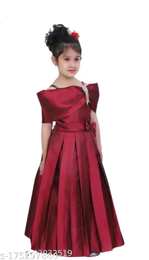 Maroon silk blend maxi Modern Classy Girls gown, stylish one-piece dress for girls aged 2-10 years