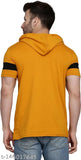 Mustard cotton blend hooded half sleeve men's t-shirt by Cryptic, bio-dyed for rich color and trendy style