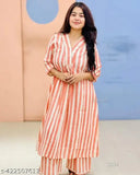 DY orange cotton striped kurti set, three-quarter sleeves, Indian traditional wear, size M to XXL