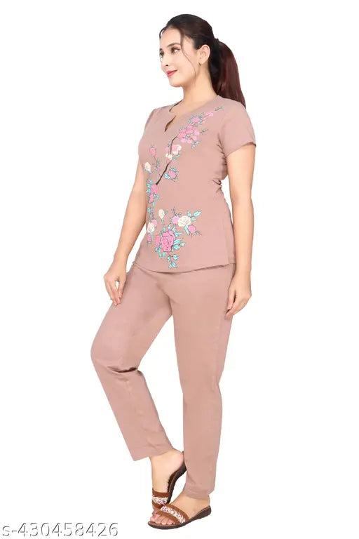 Cotton blend half sleeve round neck printed nightsuit for women, featuring comfortable cotton bottom shorts, perfect for summer lounging (L/XL/XXL sizes available)