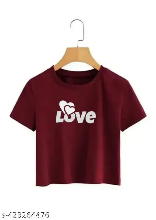 Pink Lycra crop top with 'Love' print for women and girls, short sleeves, India