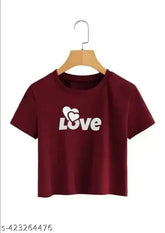Pink Lycra crop top with 'Love' print for women and girls, short sleeves, India