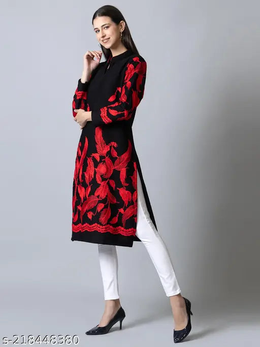 Long-sleeved printed wool A-line kurta for women, Solzeiq brand, India origin