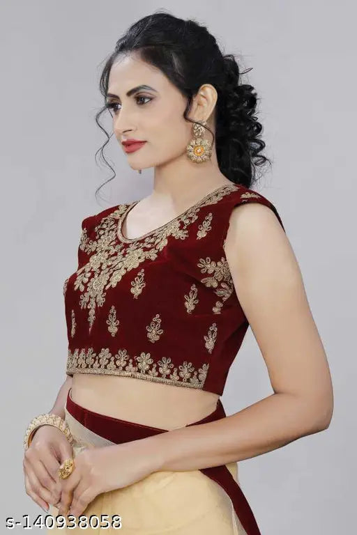 Embroidered net velvet blouse with Alisha fashionable saree in free size, showcasing intricate lace border and embroidery pattern on Indian-made saree (length 5.5m, blouse length 0.8m)