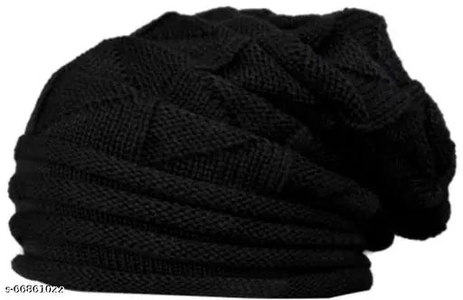 Slouchy black woolen beanie with gentle fur interior, self-design winter accessory from India