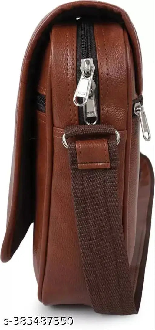 Black faux leather sling bag, compact and stylish for men and boys, adjustable strap and multiple pockets