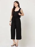 Black cotton blend sleeveless maxi jumpsuit, stylish and comfortable for casual-partywear, suitable for all climates