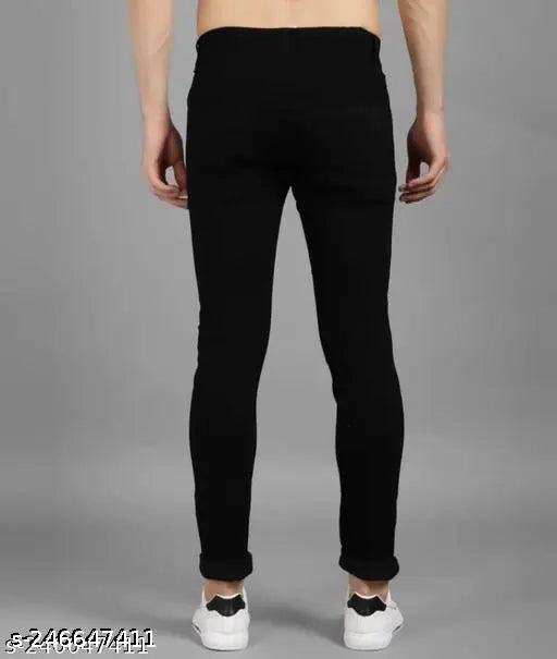 Black polycotton, full-length, mid rise men's jeans with light wash, solid pattern. Made in India, size 28 (28in waist, 36in length), suitable for trendy menswear