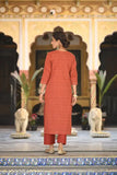 Red printed cotton blend straight kurta with palazzo & dupatta, women's Indian fashion wear in solid red color
