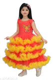 Red net embroidered frock gown for girls, intricate handwork on bodice, dance floor-ready design, high-quality net fabric, voluminous ruffle details, back zip opener, ideal festive wear kids dress, made in India (2-3 Years, 4-5 Years, 5-6 Years, 6-7 Years, 7-8 Years, 8-9 Years, 9-10 Years)