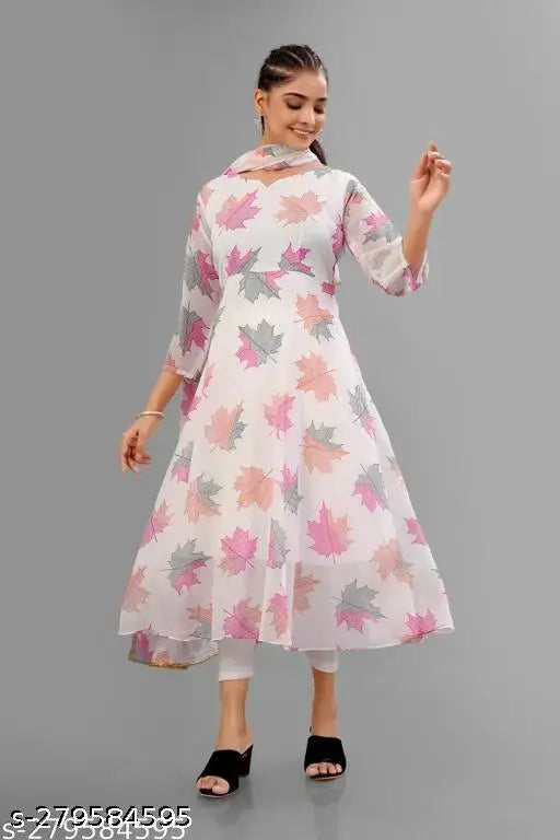 White faux Georgette printed dress with dupatta, full lining, for women (Size S-6XL)