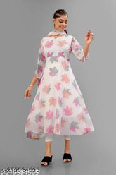 White faux Georgette printed dress with dupatta, full lining, for women (Size S-6XL)