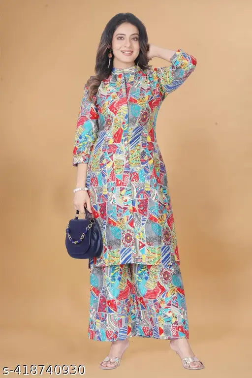 Multi-colored rayon fabric kurta and palazzo set for women's - vibrant printed design, three-quarter sleeves, versatile party/wedding wear