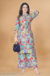 Multi-colored rayon fabric kurta and palazzo set for women's - vibrant printed design, three-quarter sleeves, versatile party/wedding wear