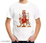 Navratri Special polyester short sleeves printed T-shirt, Jai Mata Di design. Vibrant, eco-friendly ink on trendy summer/autumn wear. Made in India