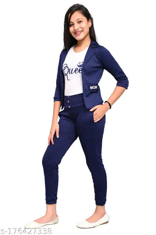 navy print cotton blend three-quarter sleeve girls dress set with t-shirt, jacket, and pants, 8-13 years