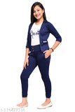 navy print cotton blend three-quarter sleeve girls dress set with t-shirt, jacket, and pants, 8-13 years