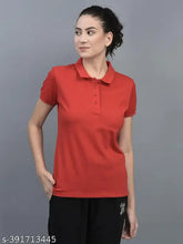 Red cotton-blend women's polo t-shirt with embroidered logo, solid design on display