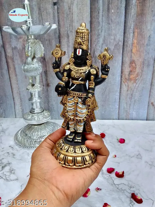 Marble Balaji Idol (Gold), 9cmx7.5cmx20cm, premium Indian artisan crafted Tirupati Balaji murti for car dashboard or Pooja room