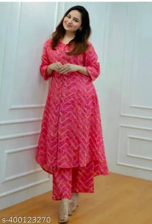Rayon slub printed net pink kurta set with pants, three-quarter sleeves, suitable for formal occasions, India origin