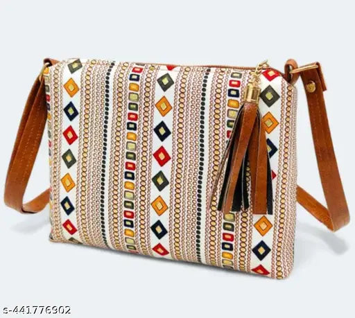 Printed net fabric fancy side sling bag, double main compartment with front and back pockets, adjustable long belt, 7"x9" inches, quality Indian craftsmanship