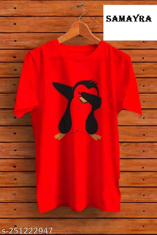 Polyester red penguin print short sleeves t-shirt, vibrant design for casual wear, sizes S-XXL