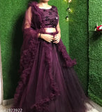 Wine net jute-silk lehenga with embroidered choli, ruffled dupatta - Indian partywear for women