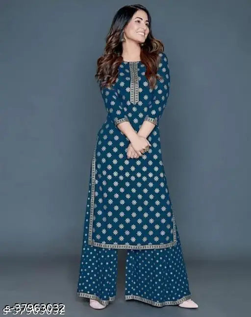 Rayon Chitrarekha Superior Women's Kurta Set, printed net style with palazzos bottomwear. Classic and trendy women's ethnic fashion from India. Single size available in S-XXL. Soft, lightweight, and comfortable for everyday and special occasions