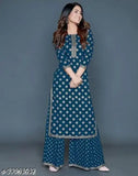Rayon Chitrarekha Superior Women's Kurta Set, printed net style with palazzos bottomwear. Classic and trendy women's ethnic fashion from India. Single size available in S-XXL. Soft, lightweight, and comfortable for everyday and special occasions